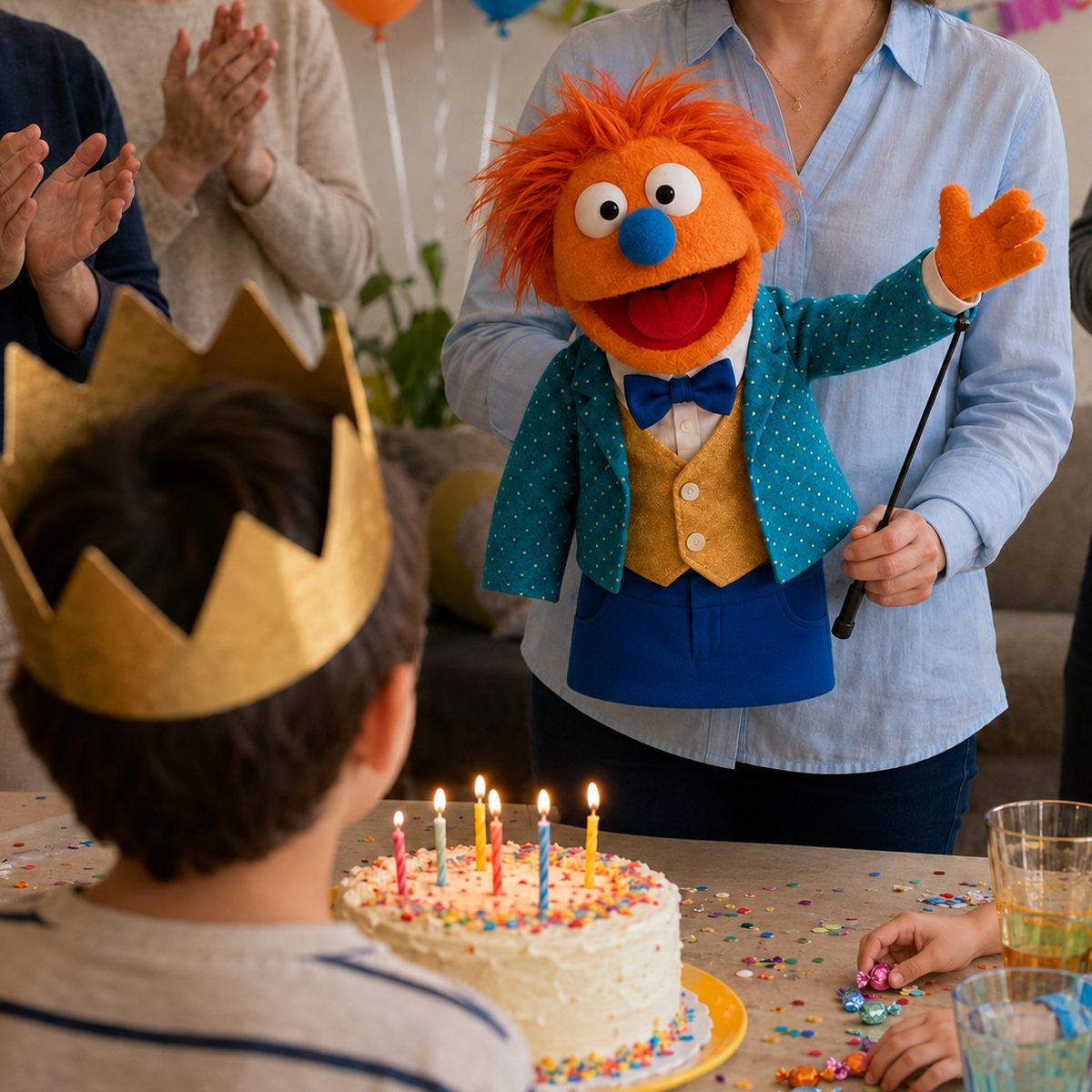 Eine orangefarbene Handpuppe feiert mit Gästen an einer Geburtstagstafel